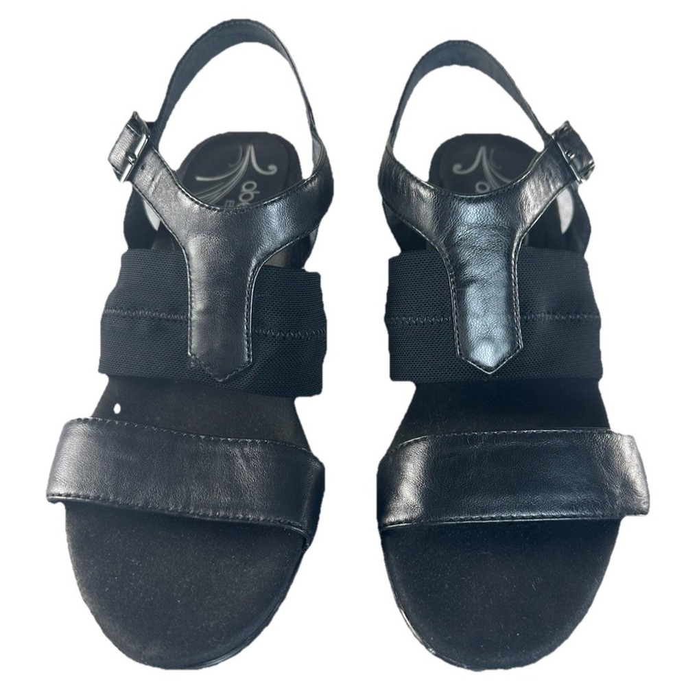 ABEO B.I.O. System Womens Sz 8 Blk Leather Stretch Band Sandals 3" heel Plat .5